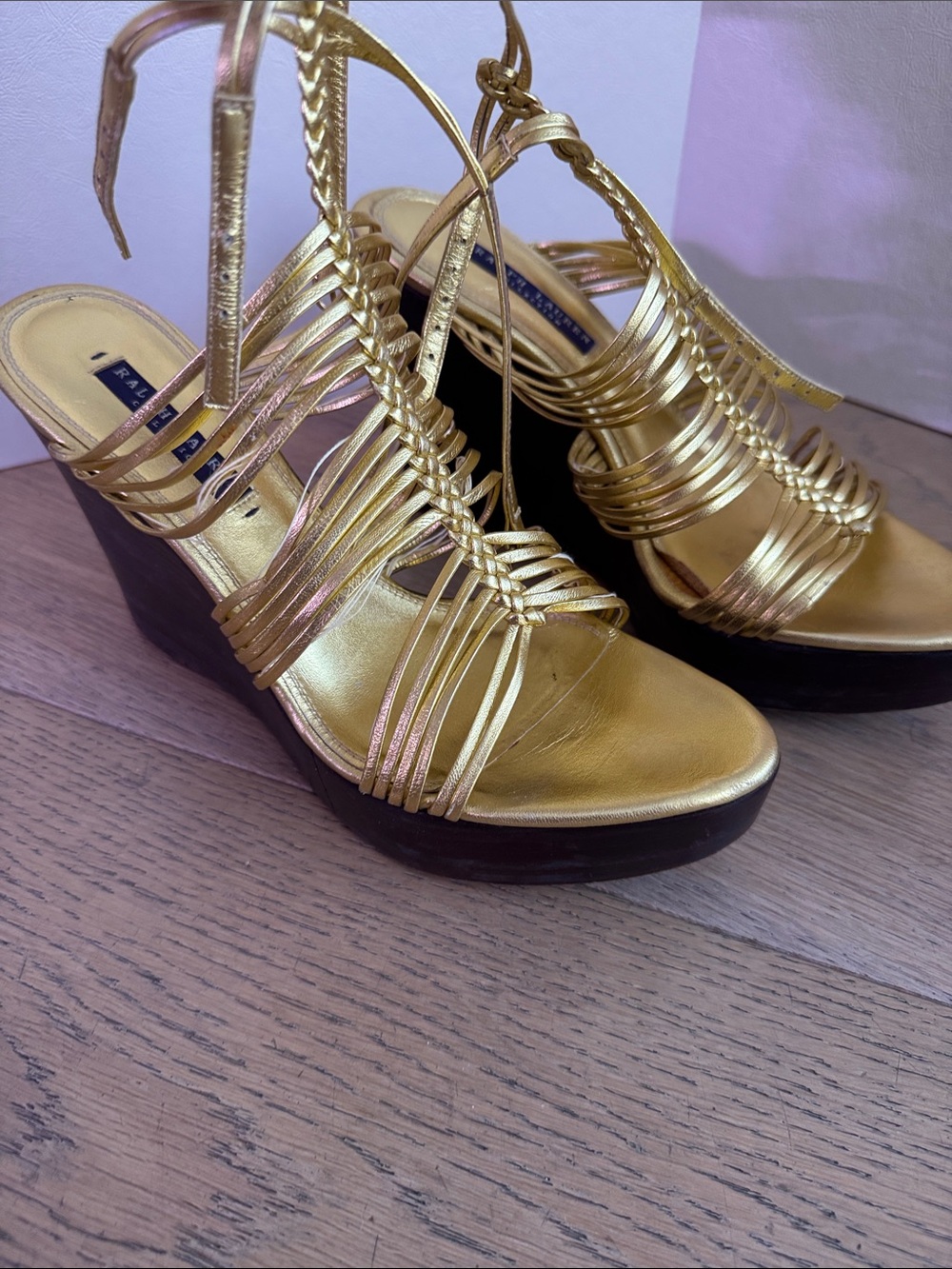 Ralph Lauren purple gold metallic strappy caged wedge sandals high wood platform